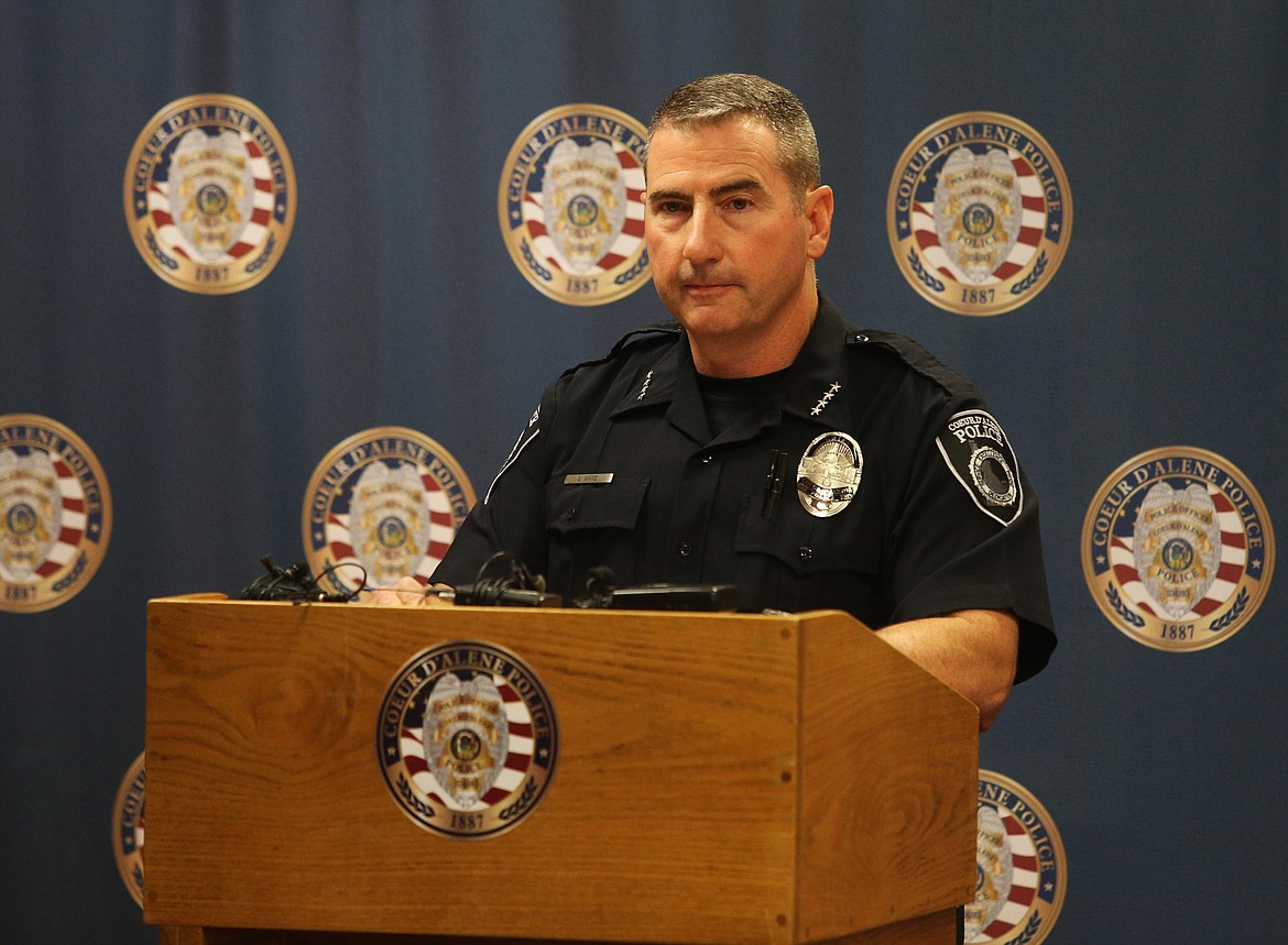 Coeur d'Alene Police Chief Lee White gives an update Friday on the shooting that occurred at City Park after the Fourth of July fireworks celebration. (LOREN BENOIT/Press)