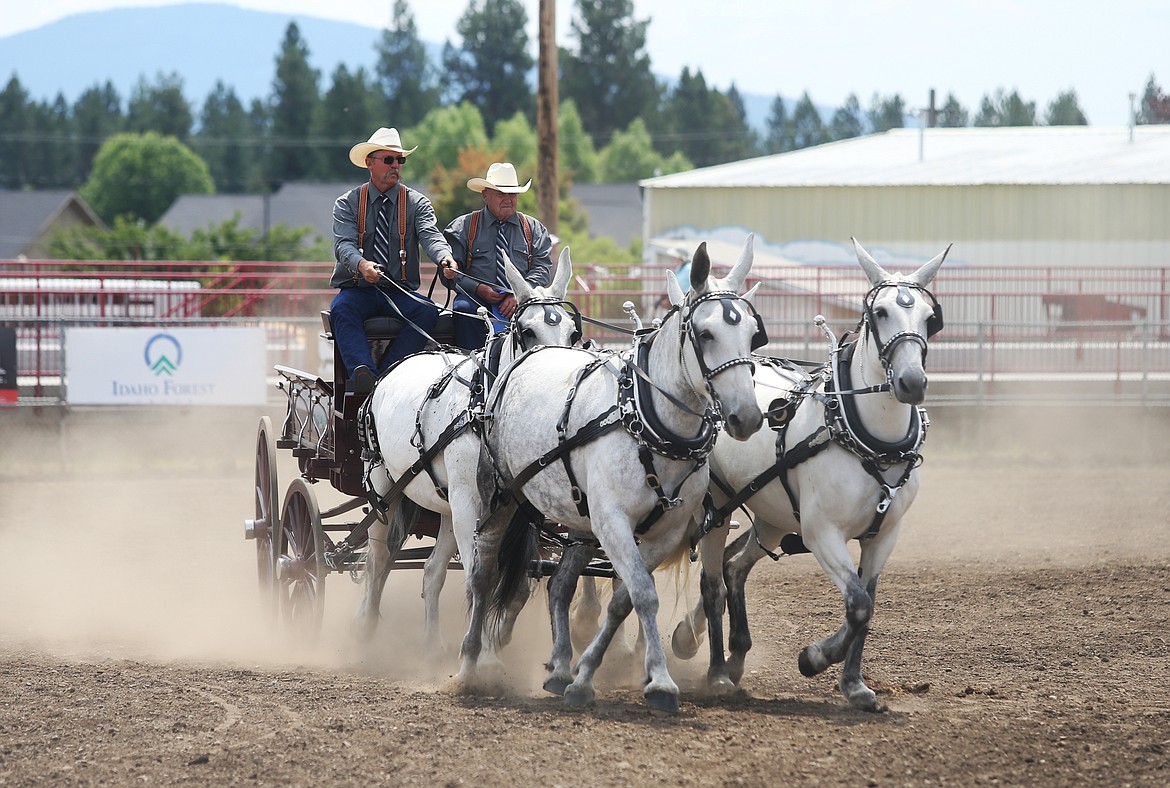 John Overmyer, left, of Davenport, Wash. and Gary Uhrith, of Clarkston, guide their Persian mules through a course at Friday&#146;s Idaho State Draft Horse and Mule Show at the Kootenai County Fairgrounds. (LOREN BENOIT/Press)