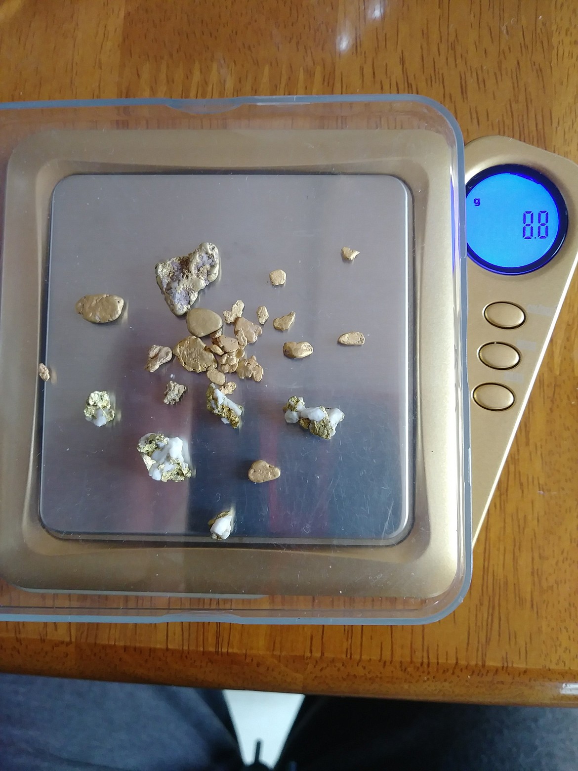 Reese Townes weighs a group of nuggets on a special scale.