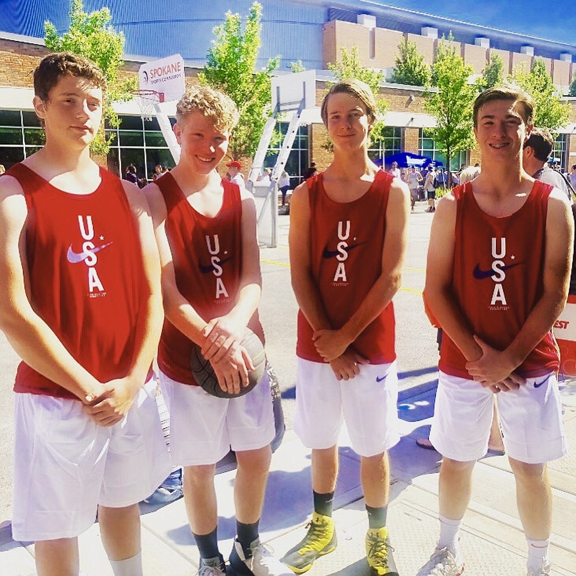 (Photo courtesy of LESA NIEMELA)
The Sandpoint Freedom team of Travis Petit, Jacob Eldridge, Colton Ackerman and Noah Niemela take a group photo after finishing 2-2 in their Hoopfest bracket on June 30. The rising Sandpoint High School sophomores &shy;&#151; who, as a group,  earned a sportsmanship card during their four-game stint &#151; went 2-0 on their first day, then fell short in a close game to Pineapple Gang at the start of day two.