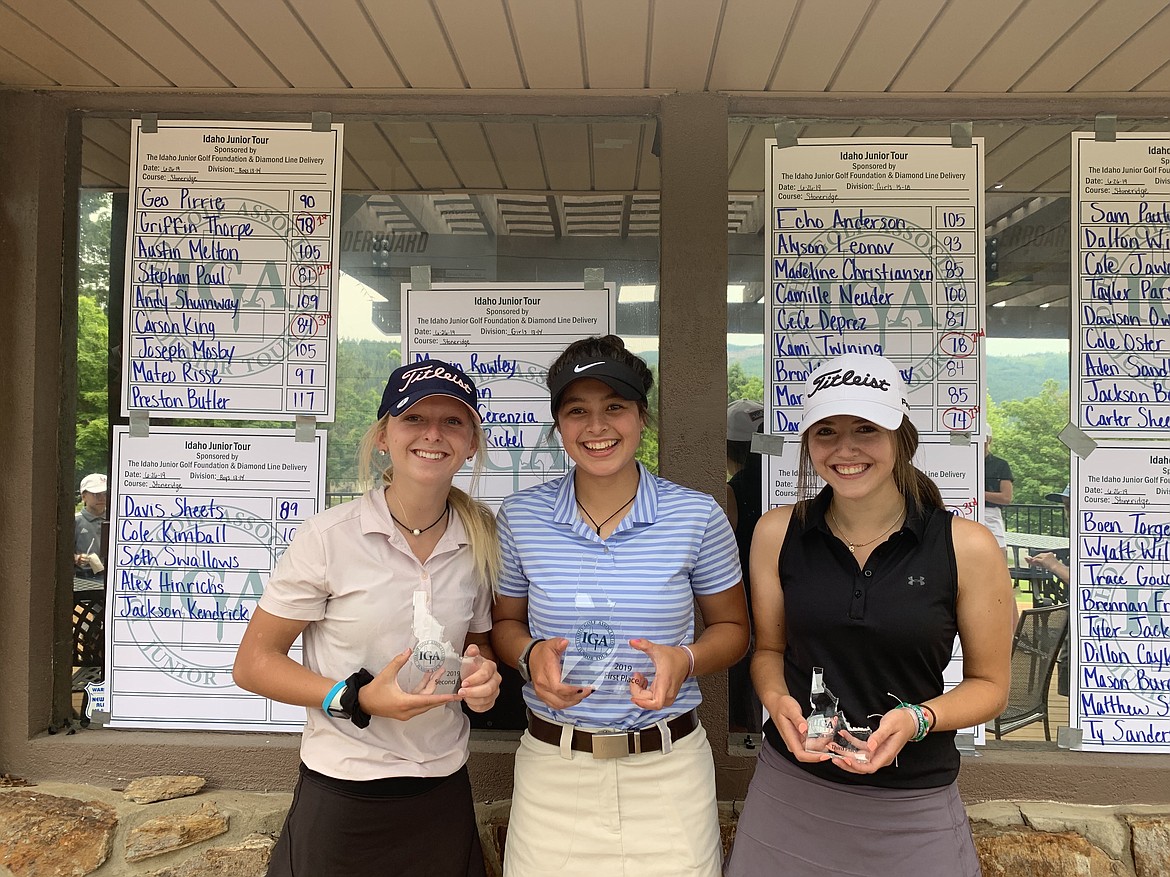 Courtesy photo
Top finishers in the girls 15-18 age division at an Idaho Junior Golf tournament at StoneRidge on June 26 were, from left, Kami Twining, 2nd, 78; Darby Rickel, 1st, 74; and Kyla Currie, 3rd, 79.