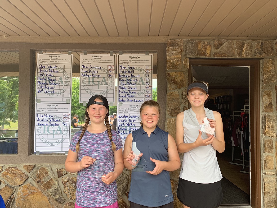 Courtesy photo
Top finishers in the girls 10-12 age division at an Idaho Junior Golf tournament at StoneRidge on June 26 were, from left, Adelynn Garcia, 2nd, 60; Melia Cerenzia, 1st, 53; and Demi Driggs, 3rd, 62.