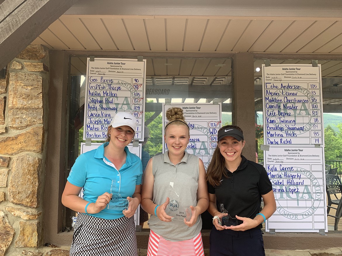 Courtesy photo
Top finishers in the girls 13-14 age division at an Idaho Junior Golf tournament June 26 at StoneRidge were, from left, Marin Rowley, 2nd, 106; Spencer Cerenzia, 1st, 104; and Madison Rickel, 3rd, 111.