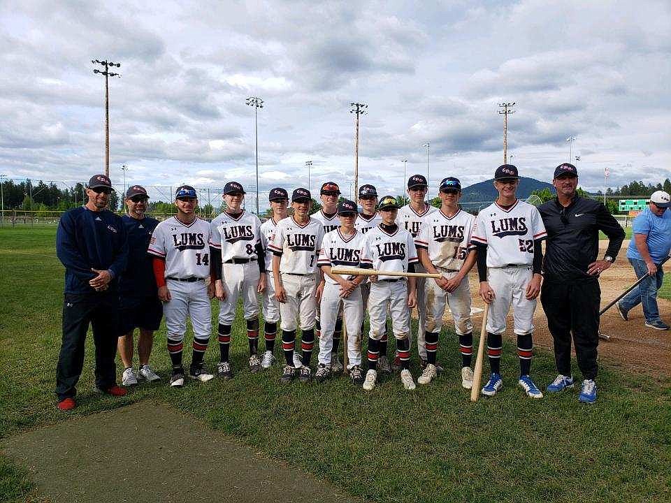 Courtesy photo
The 14U Coeur d&#146;Alene Lumbermen American Legion baseball team won the Lumberman Classic with a 5-0 record. Colton Farrar was named defensive MVP and Andrew Karns offensive MVP. From left are Kevin Bridge (coach), Robert Ross (coach), Angelo Miller, Elliot Smart, Bryce Hall, Joe DuCoeur, Andrew Karns, Brayden Ross, Jesse Brown, Kyle Bridge, Ethan Taylor, Eric Bumbaugh, Colton Farrar and Rick Brown (coach).