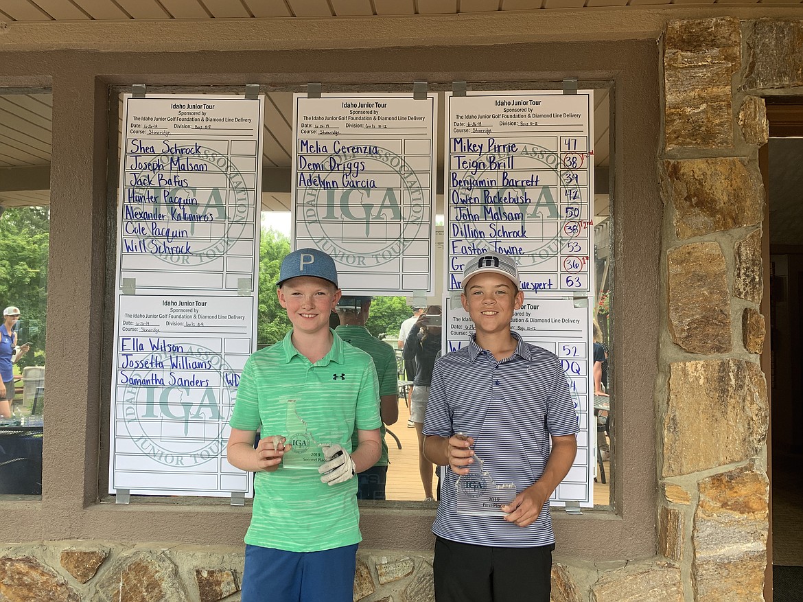 Courtesy photo
Top finishers in the boys 10-12 age division at an Idaho Junior Golf tournament June 26 at StoneRidge were, from left, Dillion Schrock, T-2nd, 38; Teign Brill, T-2nd, 38 (not pictured); and Grant Potter, 1st, 36.