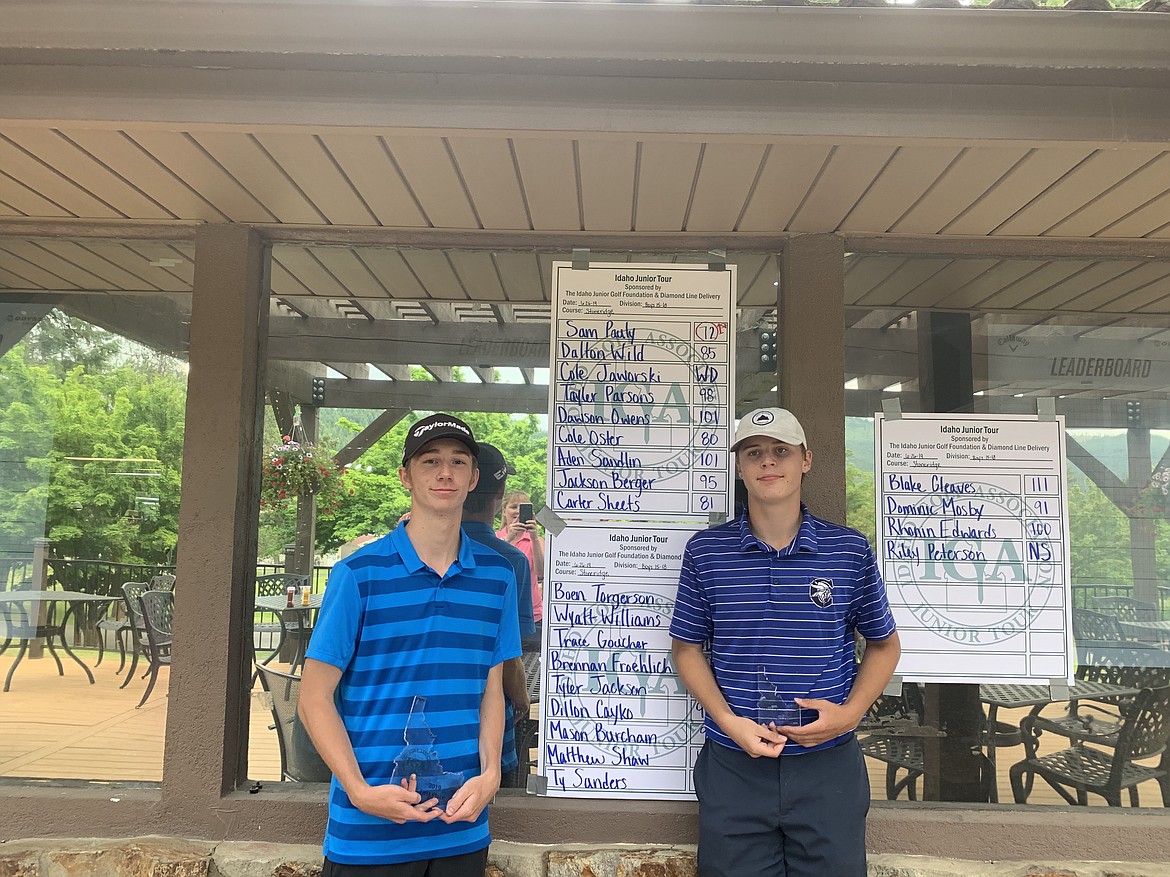 Courtesy photo
Top finishers in the boys 15-18 age division at an Idaho Junior Golf tournament June 26 at StoneRidge were, from left, Sam Pauly, 1st, 72; Wyatt Williams, 3rd, 78; and Tyler Jackson, 2nd, 75 (not pictured).