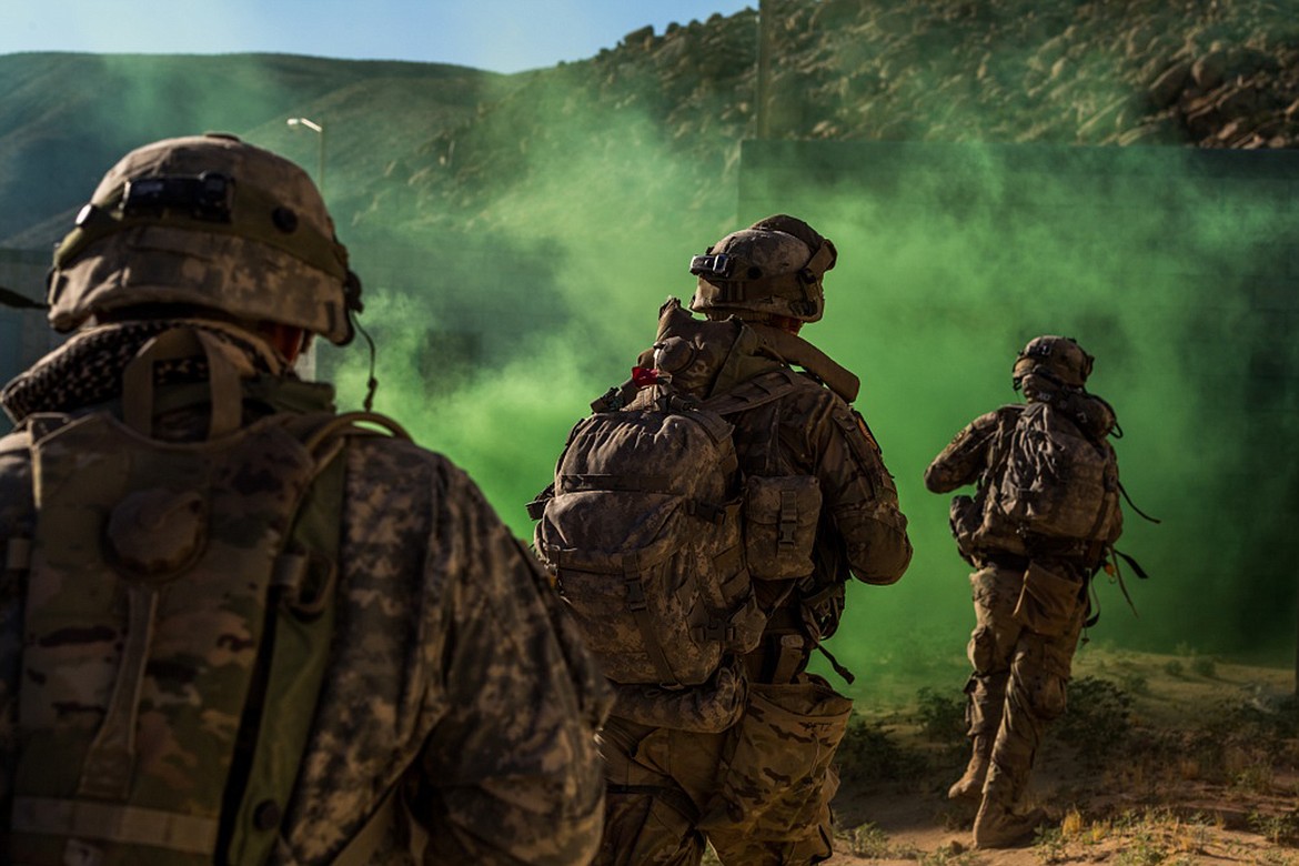 (U.S. Army National Guard photo by Sgt. Mason Cutrer)
Army National Guard Infantrymen from the 116th Cavalry Brigade Combat Team seize a town from the enemy June 7, 2019, at the National Training Center at Fort Irwin, California. Seizing key terrain enabled the 116th CBCT to maneuver past the previously contested area.