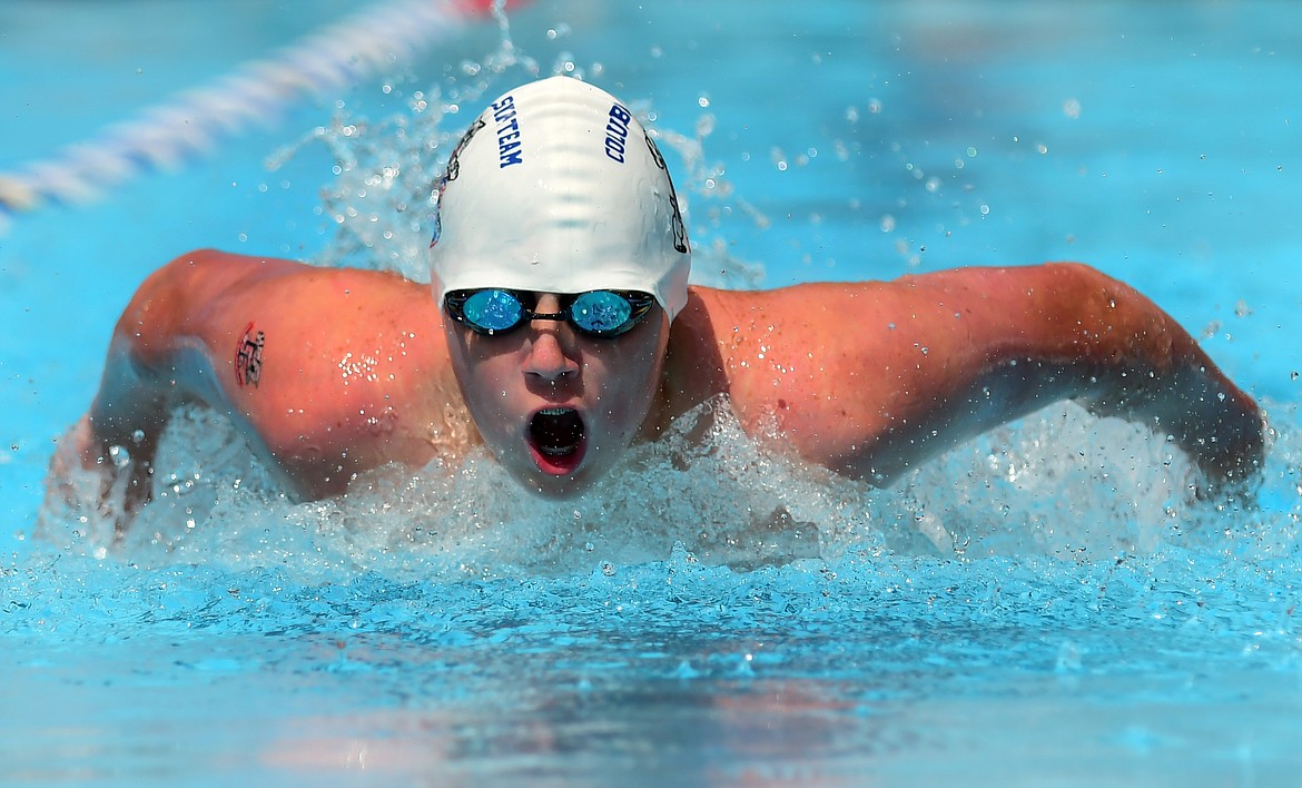 Logan Niles swims the butterfly leg of the 200 medley relay Saturday. (Jeremy Weber photo)