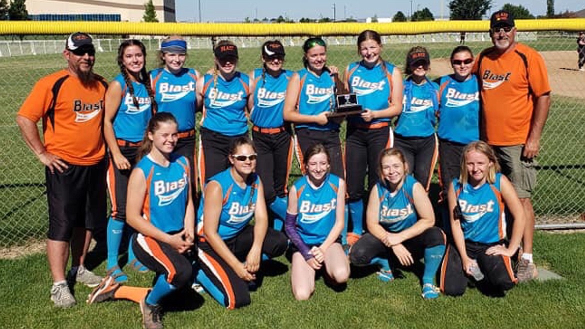 Courtesy photo
After losing their first 2 games (by a total of 5 runs), the Post Falls Blast came back to finish fourth out of16 teams in at the USA Softball 14U state tournament July 12-14 in Caldwell. Haylee Smit had 8 RBIs on 8 hits, including 4 doubles and 1 home run; Harley See had 8 RBIs on 5 hits, including two doubles and a triple; and Sophie Solberg had 4 RBIs on 7 hits, including two triples. Haylee Smit lead the pitching with 18 strikeouts, and a 1.56 ERA. In the front row from left are Summerlee Baldwin, Tapanga Rojas, Berkli McGreal, Harley See and Jaelei Davis; and back row from left, coach Matt Smit, Alex Torres, Lexi McCurdy, Kaelyn Nagel, Cienna Walls, Haylee Smit, Taci Watkins, Sophie Solberg, Eden Nye and coach Tony Walls.