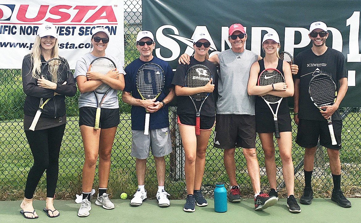 (Photo courtesy of KENT ANDERSON)
Tuesday&#146;s camp pros take a team photo after another day at one of the Pacific Northwest&#146;s They are, from left to right: Cici Rickert (former University of Minnesota tennis star, 2003 team MVP on the Big Ten championship team),  Amy Clark (former SHS captain and Idaho State Tournament qualifier), Simon Levine (decorated Sandpoint tennis alum), April Clark (former SHS captain and Idaho State Tournament qualifier), camp director and Sandpoint tennis head coach Kent Anderson, Khloe Kylonnen (2017 State tennis champion and former team captain) and Logan Temple (2016 District singles champion). Tuesday&#146;s guest counselors are not pictured, but were: Spokane Tennis Club USTA Professional John Gant, former University of Arizona tennis player Robin McGeorge, Anderson&#146;s doubles partner Steve Kirby, USTA team player Arlene Spinoza, former SHS captain and multi-time State Tournament qualifier Liz Parsley and Clark Fork High School tennis coach Jeff Emmer.