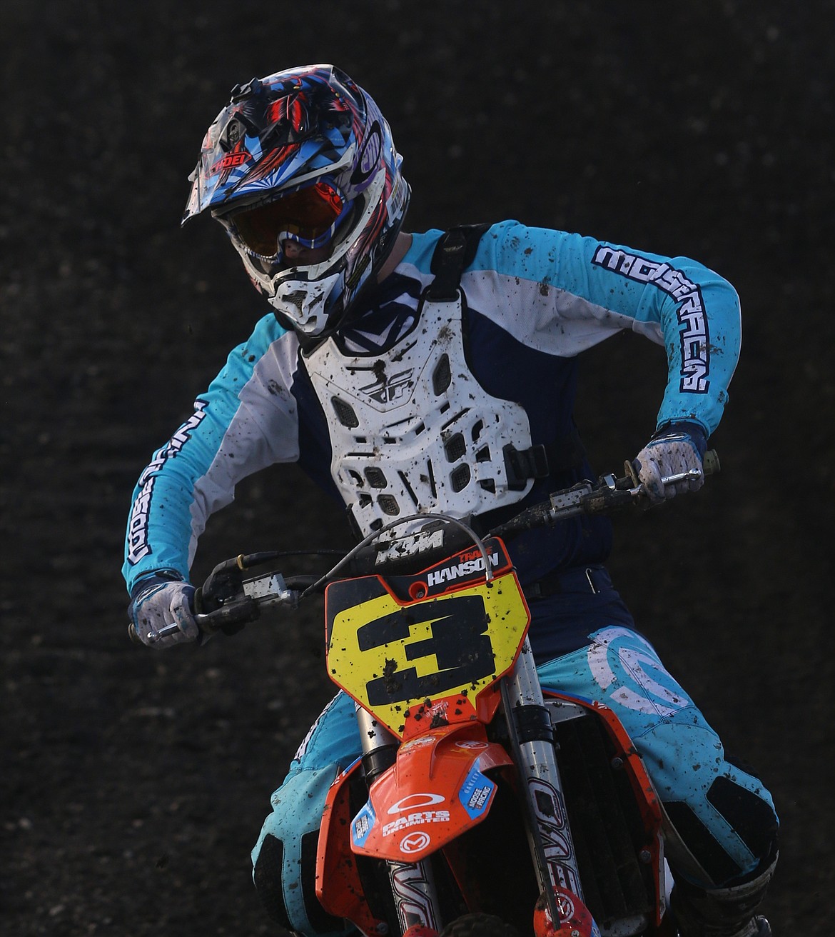 Travis Hanson competes in the 250 Pro arenacross race Friday night at the Kootenai County Fairgrounds.