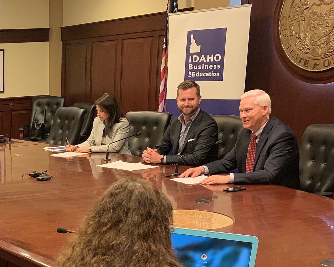 From left, Marcela Escobari, senior fellow, Center for Universal Education, Brookings Institution; Gus Schmedlen, vice president, worldwide education, HP; and Idaho Business for Education president and CEO Rod Gramer are seen Thursday in the state house in Boise as they release major findings of the Statewide Study on Education and the Economy. (Photo by BRADY MOORE/Idaho Business for Education)