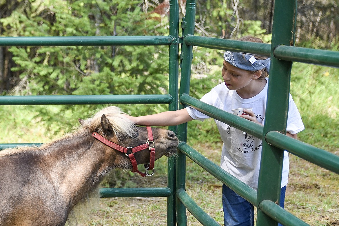 Allison Keller pets a miniature horse at the Three Lakes Roundup, put on by Three Lakes Community Bible Church, Saturday. (Ben Kibbey/The Western News)