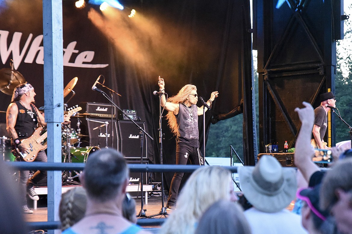 Great White lead singer Mitch Malloy pumps up the crowd at the Big Sky Bash Saturday. (Ben Kibbey/The Western News)