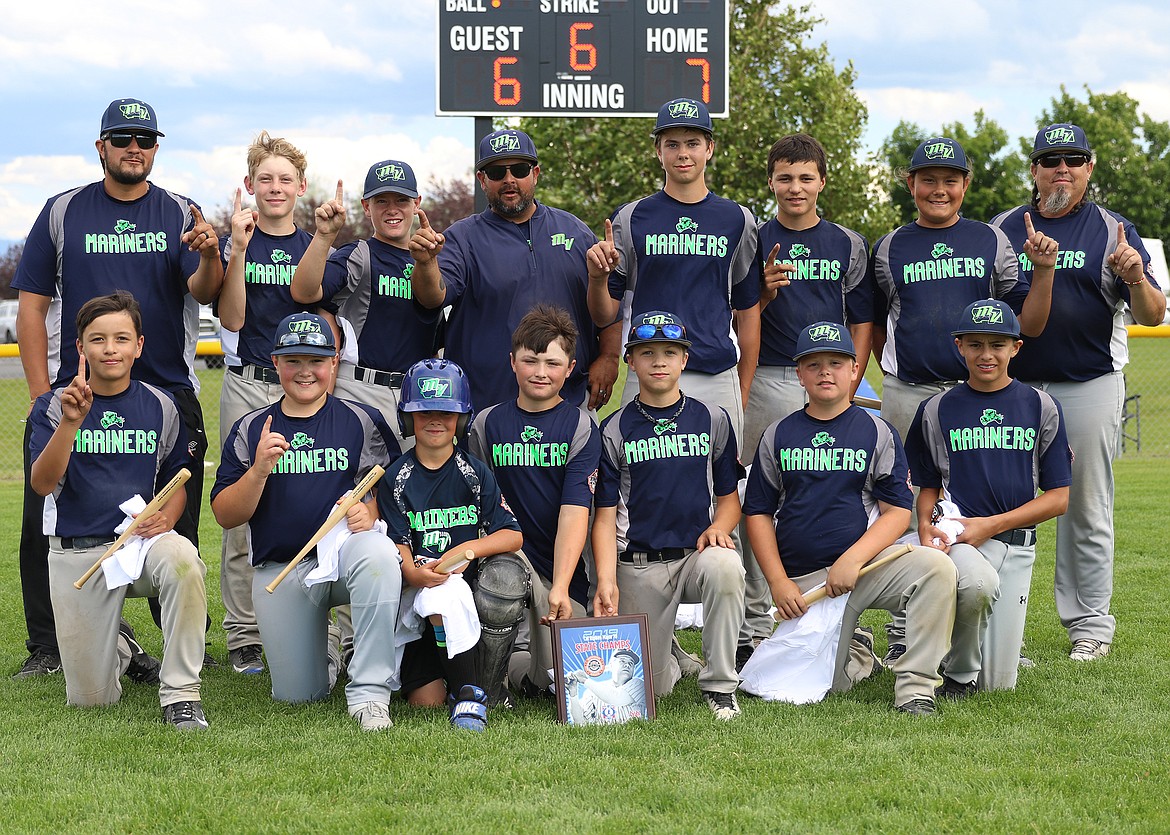 THE MISSION Valley Mariners 12-U team poses after capturing the 12-U Cal Ripken League state championship. (From left): Coach Bryce Finley, Shaedon Perry, Wyatt Wadsworth, Coach Chris Atkinson, Cason Graham, Kolby Finley, Landon Pablo, Coach Craig Pablo, Tias Fyant, Brody Brown, Clay Wadsworth, Laurance Lozeau, Landon Shoemake, Cash Atkinson, Aiden Gfroerer. (Photo courtesy of Bob Gunderson/Lake County Leader)