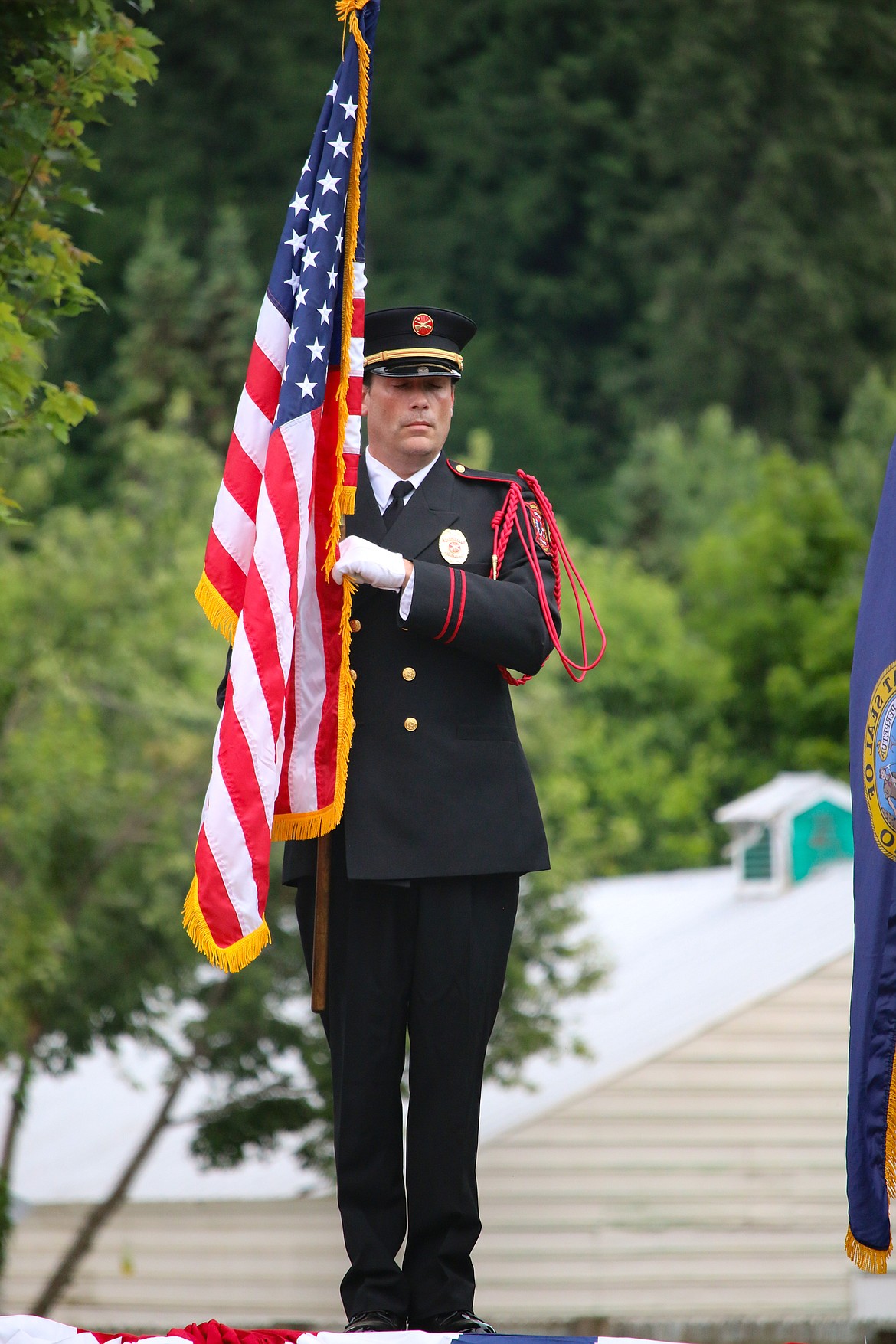Photo by MANDI BATEMAN
The Boundary County Fire Service Honor Guard during the opening ceremonies of the Fourth of July celebration.