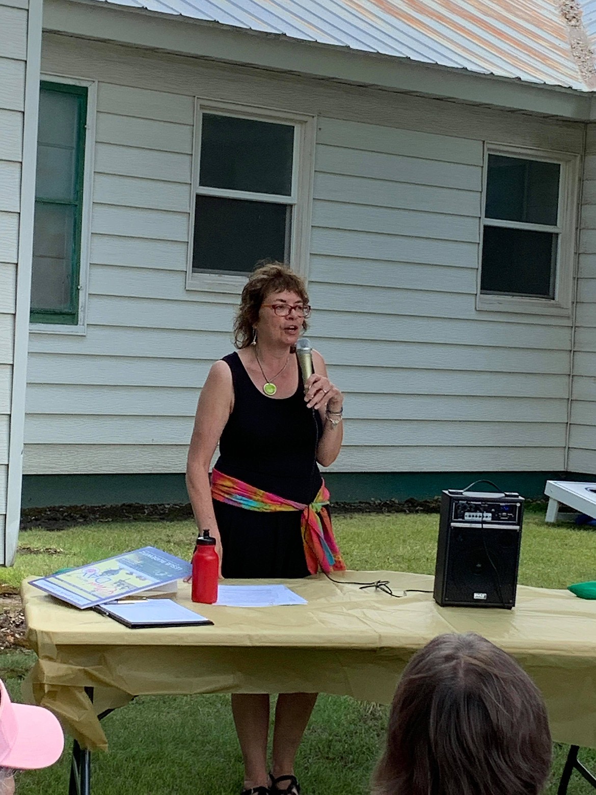 Leslie Budewitz, an Agatha Award winning author, speaks at the Summer Reading Program Finale and Family Fun Day on the library lawn in Superior Sunday, July 14. She spoke about her latest novel, “Chai Another Day.” (Photo courtesy of Florence Evans)