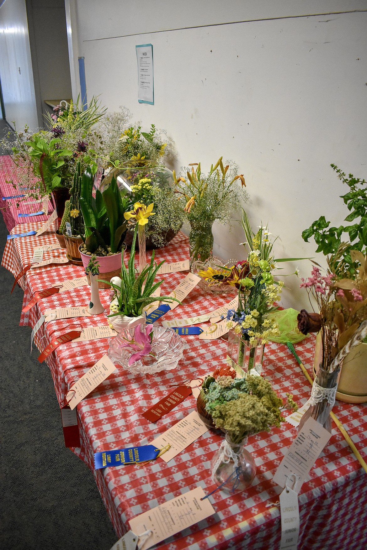 A variety of floral arrangements adorn the halls of the former Asa Wood school building during the 2018 Lincoln County Junior Fair. (Ben Kibbey/The Western News)