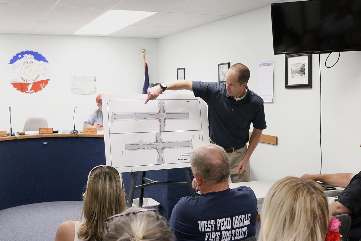 (Photo by MARY MALONE)
Welch Comer Engineer Matt Gillis describes the final design of Priest River&#146;s downtown revitalization project to group of community members who attended Tuesday&#146;s public meeting regarding the construction schedule.