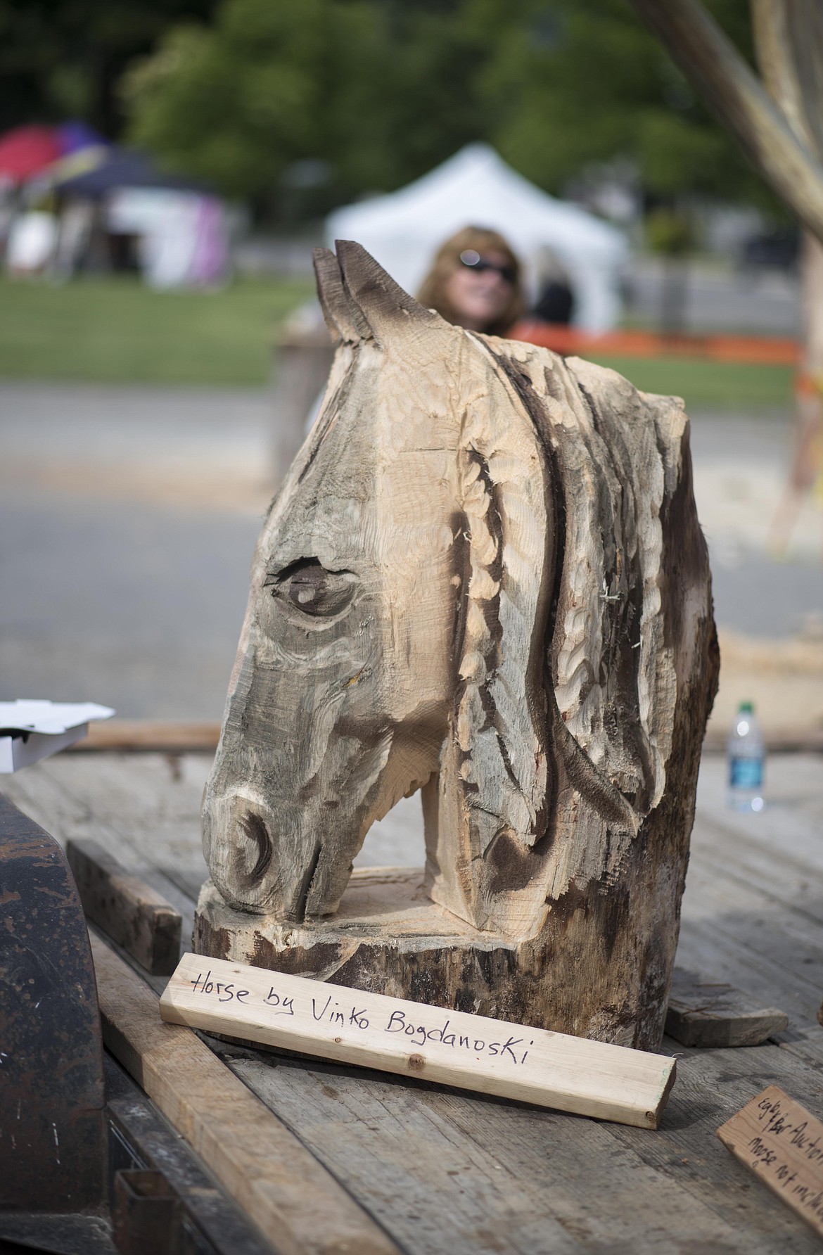 A carved horse sits on a trailer to be later actioned off during the Ron Adamson's Libby Chainsaw Event, July 4 in Libby. (Luke Hollister/The Western News)