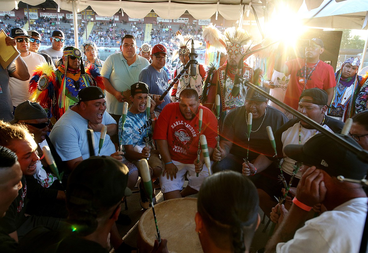 The Warpaint drum group, from North Carolina, performs for drum judges and onlookers during Julyamsh Friday night at the Kootenai County Fairgrounds. (LOREN BENOIT/Press)