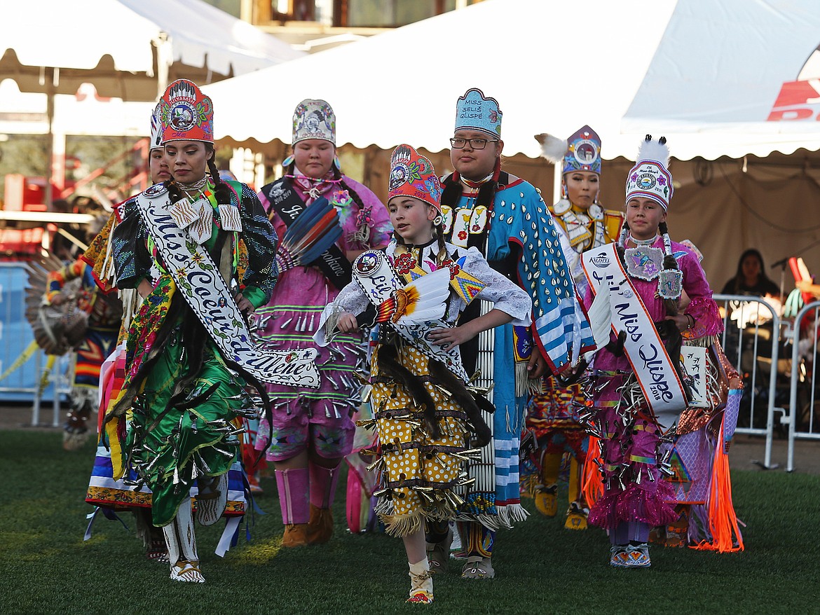 The women&#146;s royal court, led by the Coeur d&#146;Alene Tribe, dance during Friday&#146;s Julyamsh Grand Entry at the Kootenai County Fairgrounds. (LOREN BENOIT/Press)