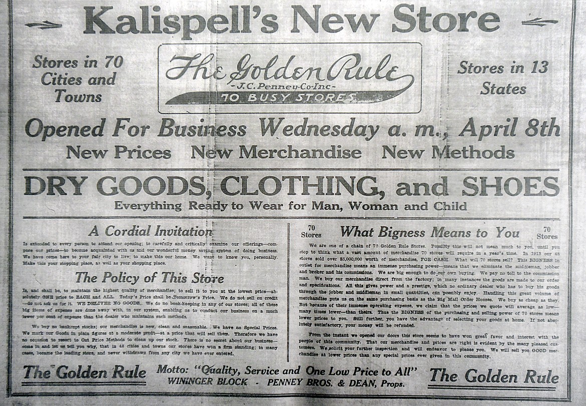A photocopy of the original store opening ad from 1914.(Brenda Ahearn/Daily Inter Lake)
