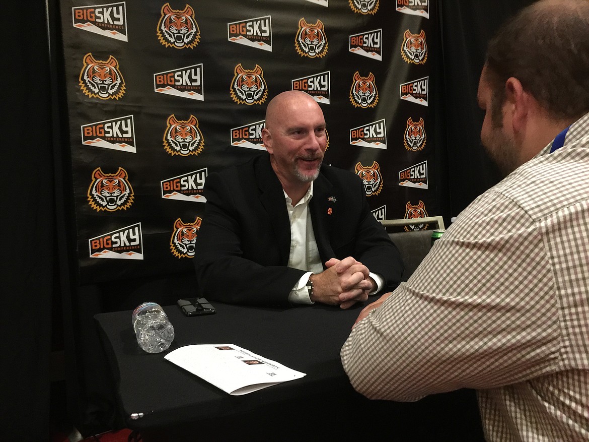 MARK NELKE/Press
Idaho State football coach Rob Phenicie speaks with a reporter at the recent Big Sky Football Kickoff in Spokane.