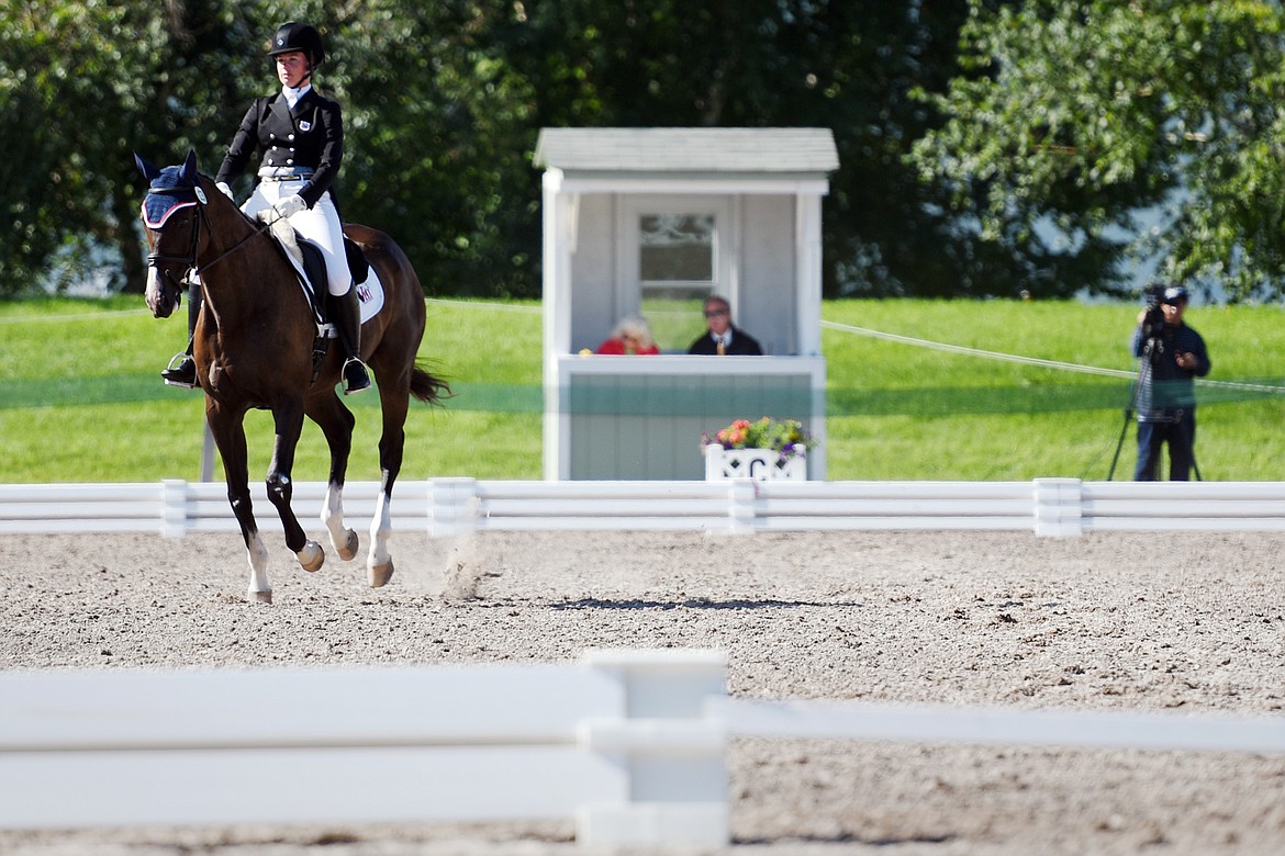 Heather Jane Morris rides Anderboch Flier in the CCI2*-L dressage division at The Event at Rebecca Farm on Thursday. (Casey Kreider/Daily Inter Lake)