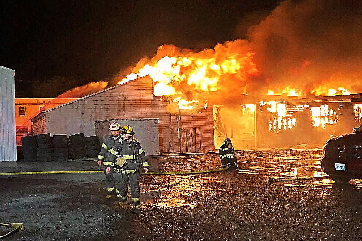 Grant County Fire District No. 13/courtesy photo
Firefighters battle a large blaze Tuesday night.