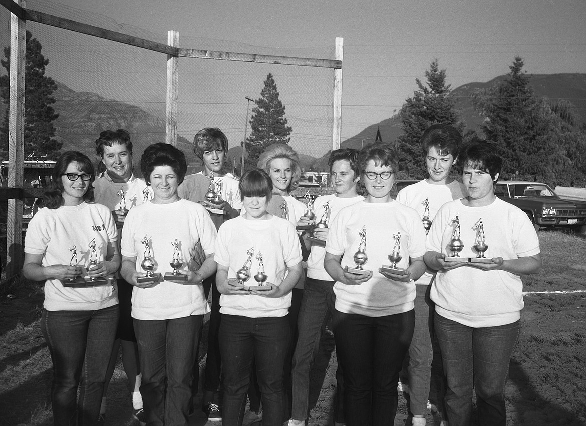 The Martin City and Coram MC&amp;C team won the Bad Rock Canyon Softball League&#146;s regular season in 1969 and second in the end of year tournamenrt. Front row, from left, are Laura Hanks, Lil Bras, Rosie Treat, Carol Wilkens and Marlene Potter. In the back row are Barbara Birnel, Sandy Djonne, Janet Mendenhall, Karen Leitz and Lavon Mundell. (Mel Ruder photo)