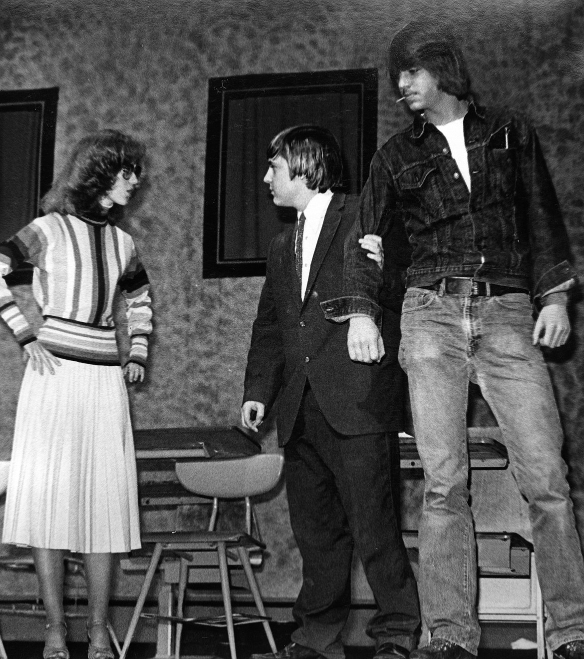 From left, Sylvia Barrett, Shane Graham and Jim Baumgartner in the 1979 Columbia Falls High School production of &#147;Up and Down the Staircase.&#148; (Scott Crandell photo)