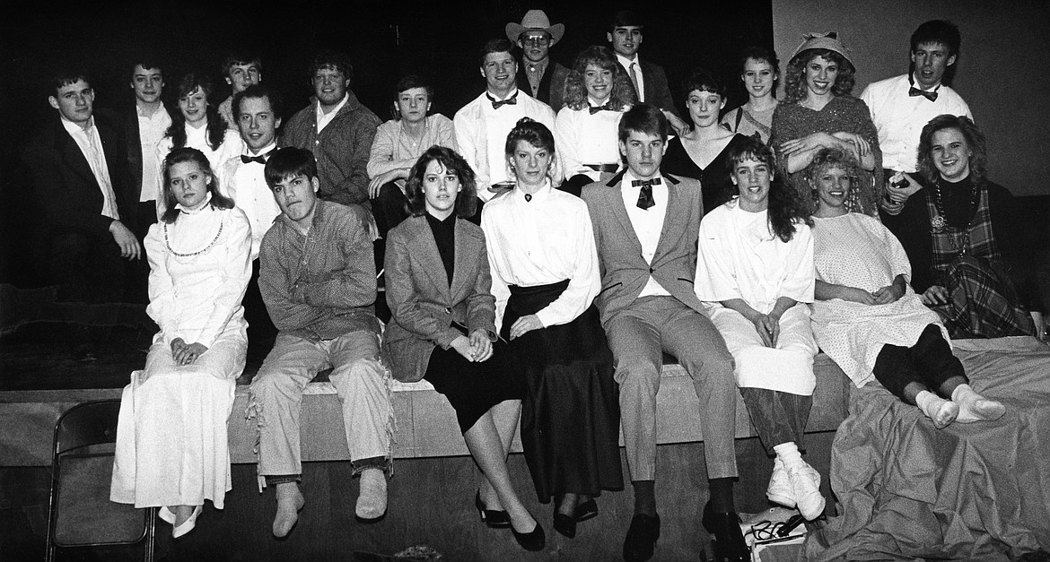 The cast of the Columbia Falls High School touring show of &#147;Echos from the Past&#148; in 1989. Front row, from left are Cami Renfrow, Lance Strand, Sandra Murphy, Cindy Ritter, Brian Hunter, Heidi Campbell, Heidi Almos and Debbie Klisis. In the back row are Chris Gopp, Tana Bair, Mandi Secord, Chris Schlegel, Kent Blair, Craig Schelling, Mike Sharp, Travis Almos, Jason Moser, Amy Bair, Ken Toole, Lara Henderson, Ginger Duncan, Melanie Moody and Ty Campbell.