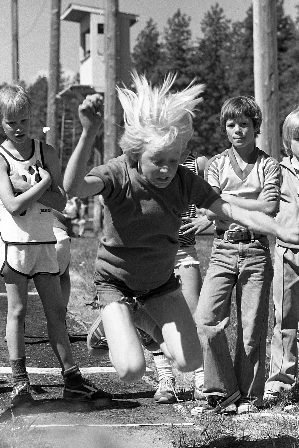 A long jumper competes during a Columbia Falls track meet in June 1979. (Scott Crandell photo)