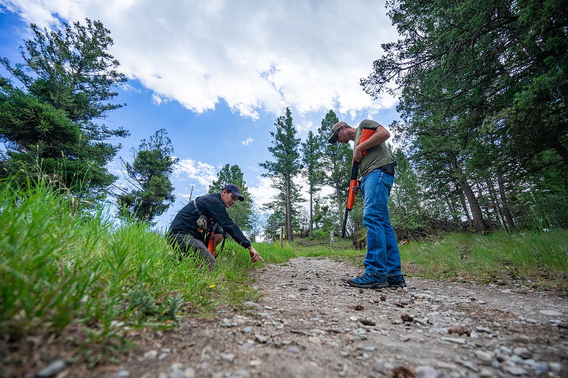 Region 1 Wildlife Technician Chad White and Game Warden Chris Neu point to a &#147;blood drip&#148; during a Montana Fish, Wildlife and Parks training program recently at Lone Pine State Park. (Daniel McKay/Whitefish Pilot)