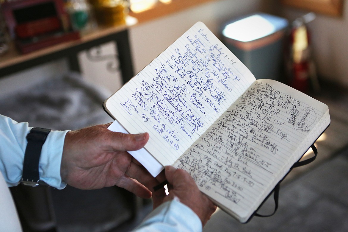 Mike Taylor looks at a journal where he keeps track of past shooting scores.