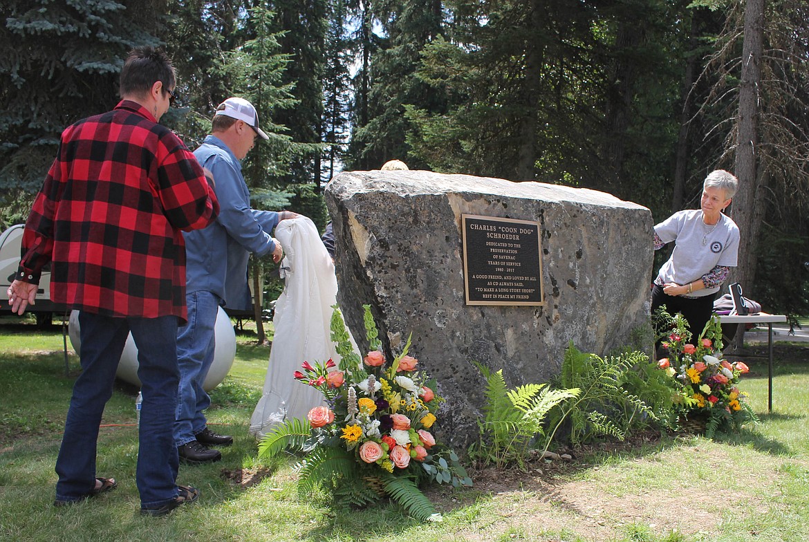 Charles Schroeder&#146;s memorial is unveiled at the Passport in Time in Savenac. (Maggie Dresser/Mineral Independent)