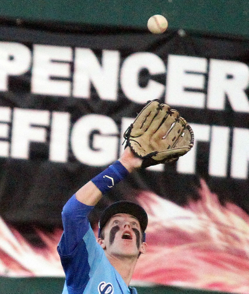 Right fielder Caden Williams with the third out bottom of fifth inning vs. Cranbrook Thursday evening. Loggers over Bandits 20-3. (Paul Sievers/The Western News)