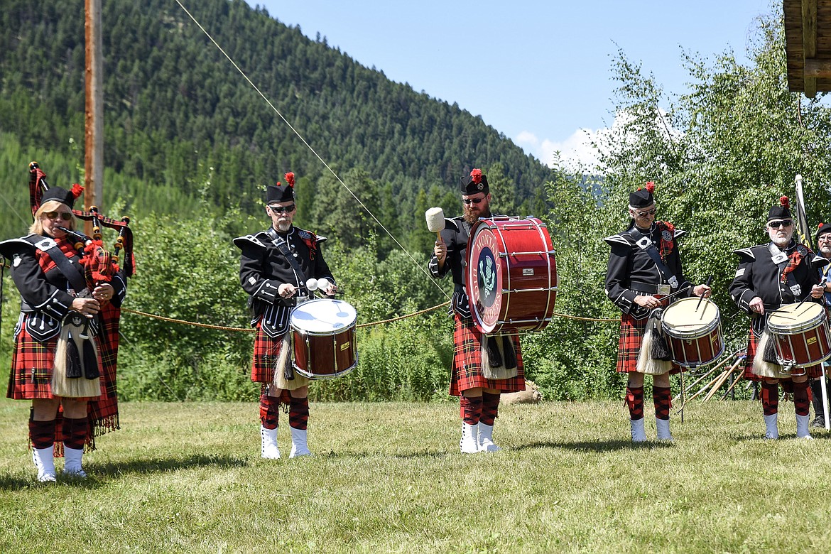 The Montana Highlanders perform a tribute to veterans, playing a medley of U.S. armed forces songs, Saturday at the Kootenai Highland Gathering and Celtic Games. (Ben Kibbey/The Western News)