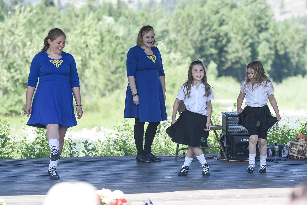 Dancers from the Kalispell Irish Dancers perform a &#147;reel&#148; Saturday at the Kootenai Highland Gathering and Celtic Games. Dancers are, right to left, Marit Felton, Eirelyn McClure and Adelyn Storm, all of Kalispell. (Ben Kibbey/The Western News)