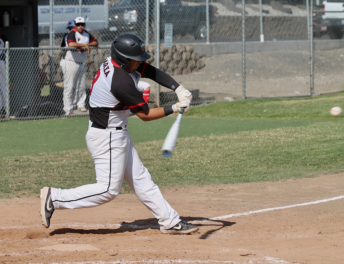 Casey McCarthy/Sun Tribune
Joshua Garza hits a home run in the bottom of the second inning for Othello in Game 1 against the Yakima Peppers.