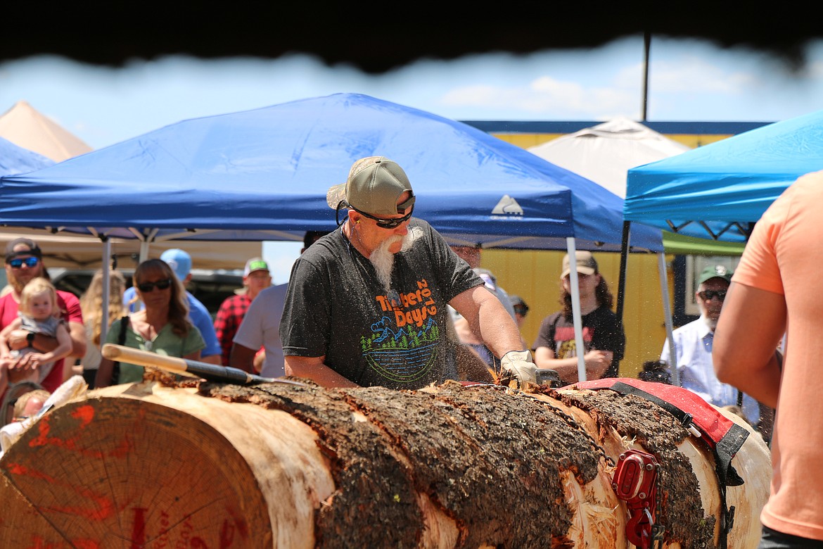 (Photo by CAROLINE LOBSINGER)
A logger gets ready to compete in the Priest River Timber Days timber competition.