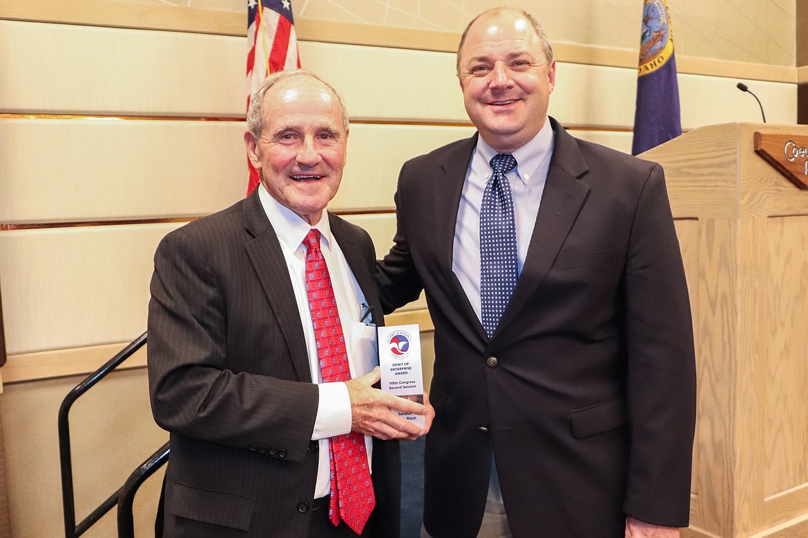 Chris Eyler, right, U.S. Chamber of Commerce Executive Director for Congressional Public Affairs, presents Sen. Jim Risch the Spirit of Enterprise Award on Thursday. (Courtesy Photo)