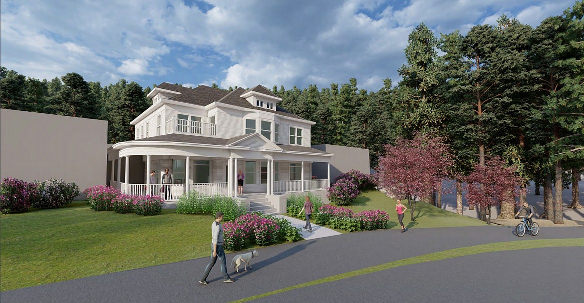 An artist's rendering of the J. C. White House at its potential new location at the base of Tubbs Hill. The gray structures flanking the White House represent placeholders where new, yet-to-be-designed wings would eventually be built. (Image courtesy of the City of Coeur d'Alene)