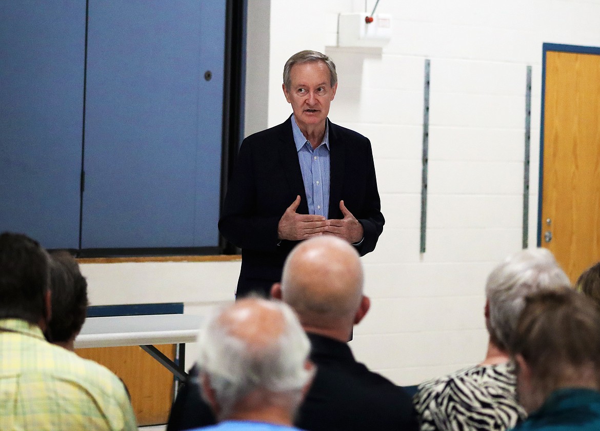 (Photo by KYLE CAJERO)
U.S. Sen. Mike Crapo, R-Idaho, addresses a crowd of Bonner County constituents during a town hall at Sagle Elementary School on Aug. 7.