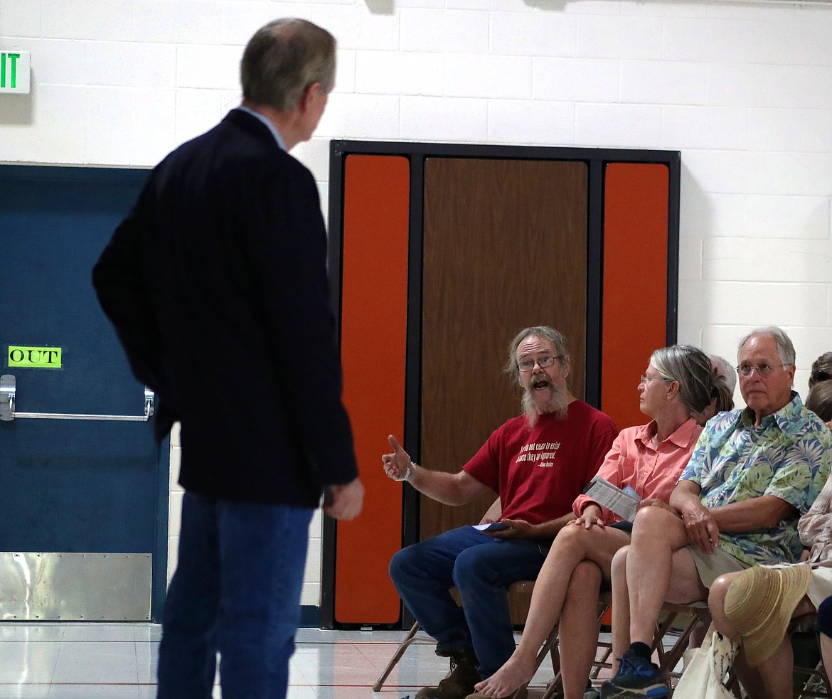 (Photo by KYLE CAJERO)
U.S. Sen. Mike Crapo, R-Idaho, listens as Bonner County residents ask questions about gun violence during a town hall at Sagle Elementary School on Aug.7