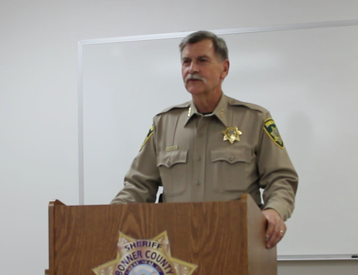 (Photo by KEITH KINNAIRD)
Bonner County Sheriff Daryl Wheeler speaks at a Friday press conference where sheriff&#146;s office officials announced that Judith Marie Carpenter, 57, of Coeur d&#146;Alene had been arrested in the April 2017 murder of former Hope city clerk Shirley Ramey.