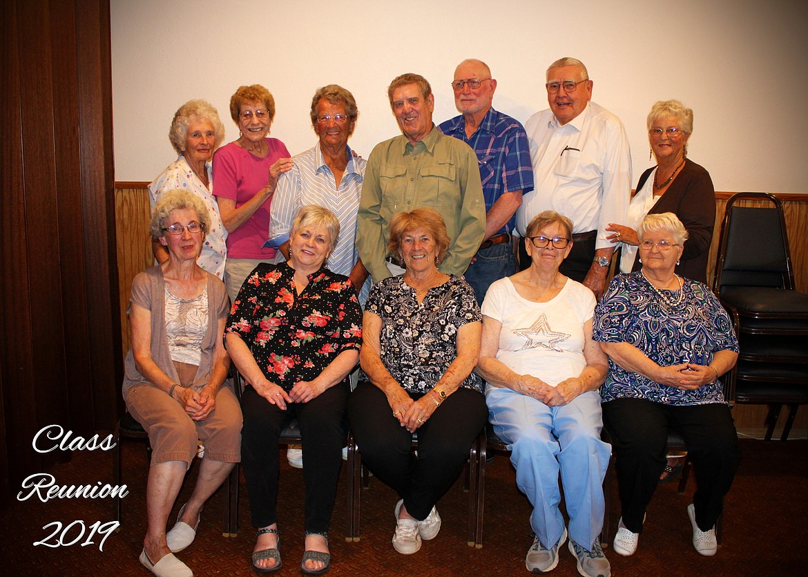 Photo by PHOTOS PLUS
Attendees at the Bonners Ferry High School Class of 1956 reunion included: back row, Marilee Norris Whates, Myrtle Pywell Morris, Barbara Turner Cossairt, Warren Middlemist, Dick Watterloo, Don Kiilsgaard, and Norma Strickland Ritz; front row, Molly Belden Goffard, Sally Stone Nelson, Louise Langford Whitcomb, Dolores Stippich Sweet, and Anna Mae Price Spalding.
The Class of 1956 met for their 63rd reunion July 27, at the Chic &#145;n Chop. Twelve classmates were in attendance. The class is going to meet every year because of the many losses we are having. There were five spouses and one daughter who joined us. We are fortunate that we can still get together.