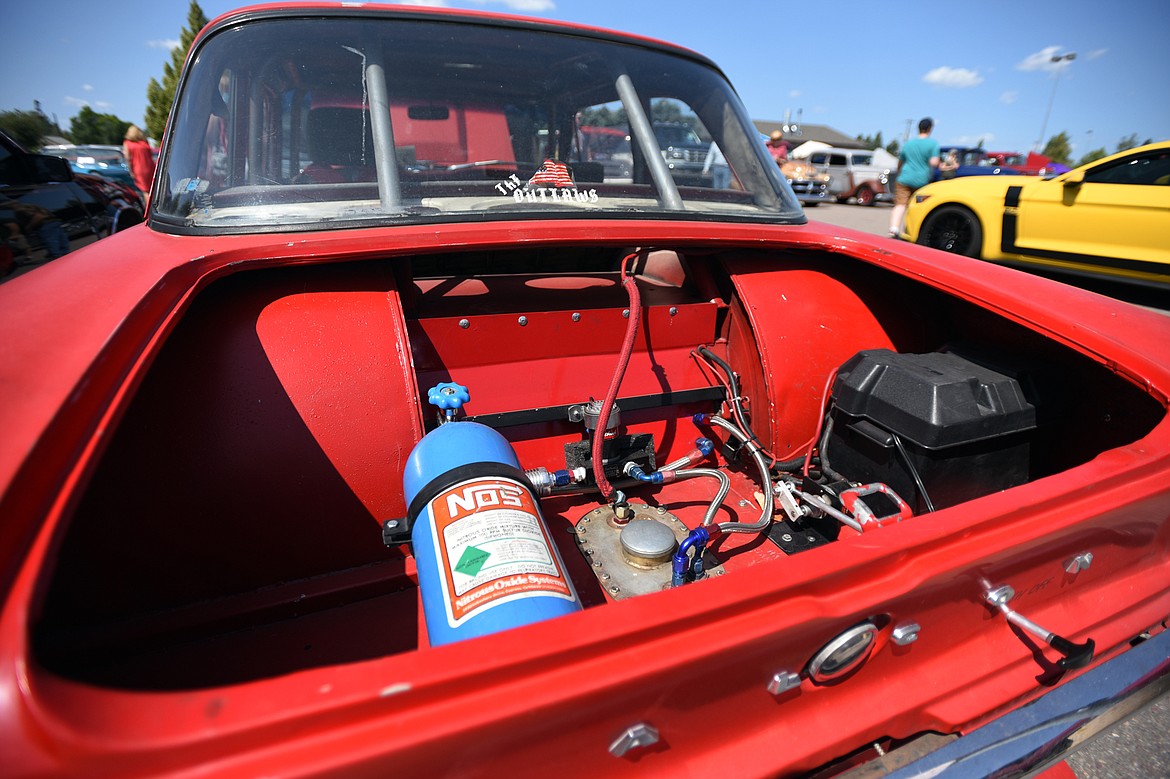 A nitrous-oxide tank in the back of a 1961 Ford Falcon at the Evergreen Show &#145;n Shine at Conlin&#146;s Furniture in Evergreen on Saturday. (Casey Kreider/Daily Inter Lake)