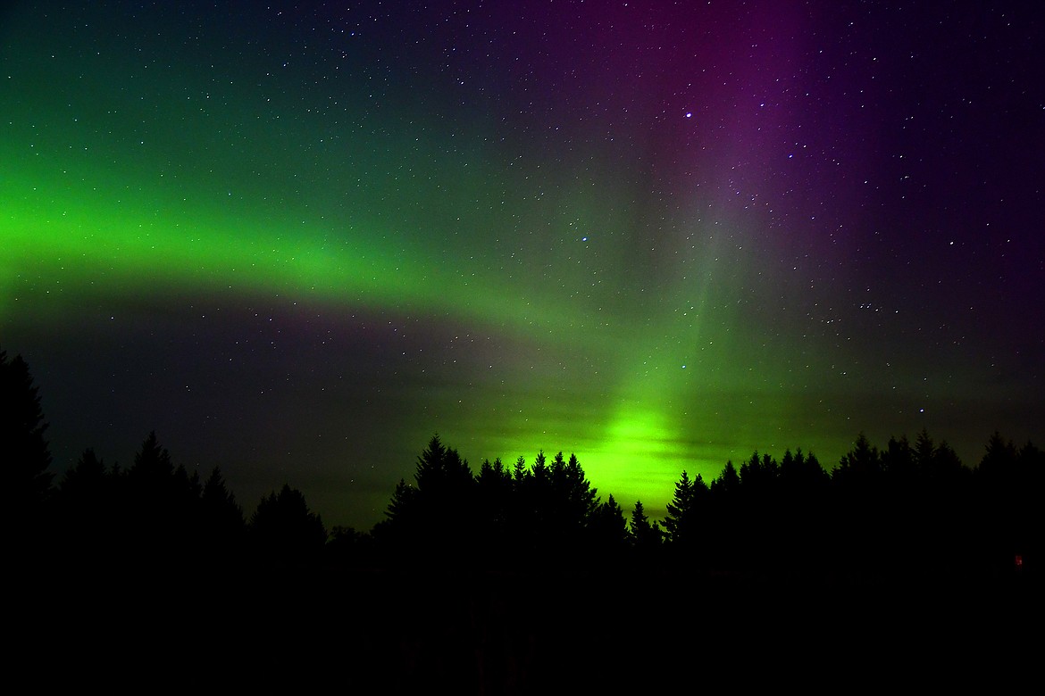 The aurora burns green and purple early Monday morning. (Jeremy Weber photo)